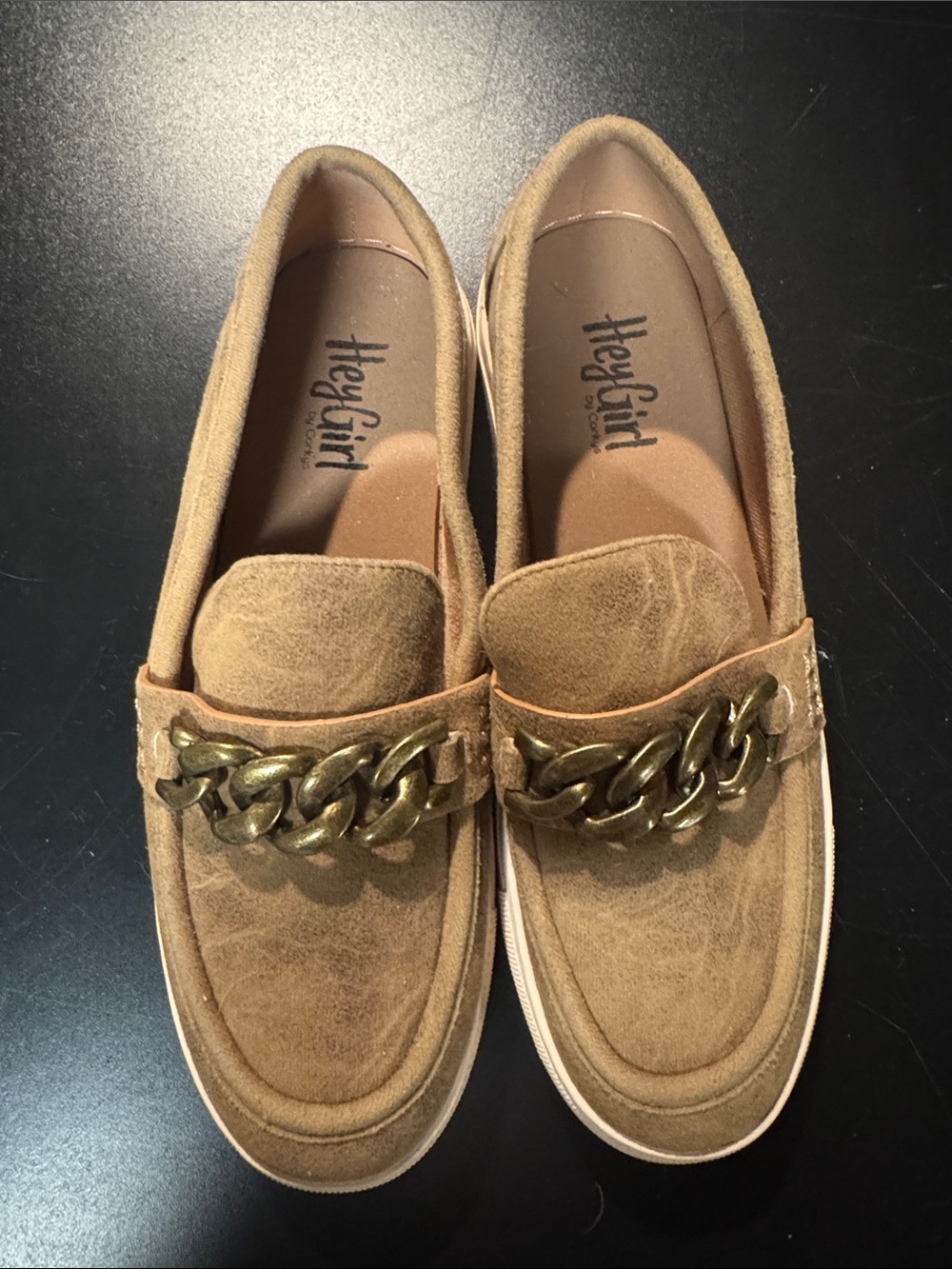 Hey Girl Tan Suede Chain-Accent Loafers